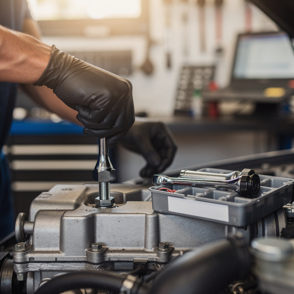 HI-TECH AUTO mechanic performing a detailed vehicle inspection in San Diego auto repair shop